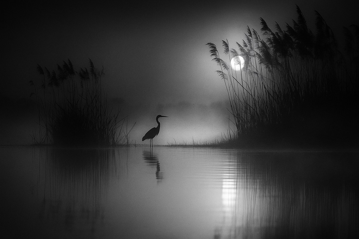 Héron dans la nuit&nbsp;naissante
